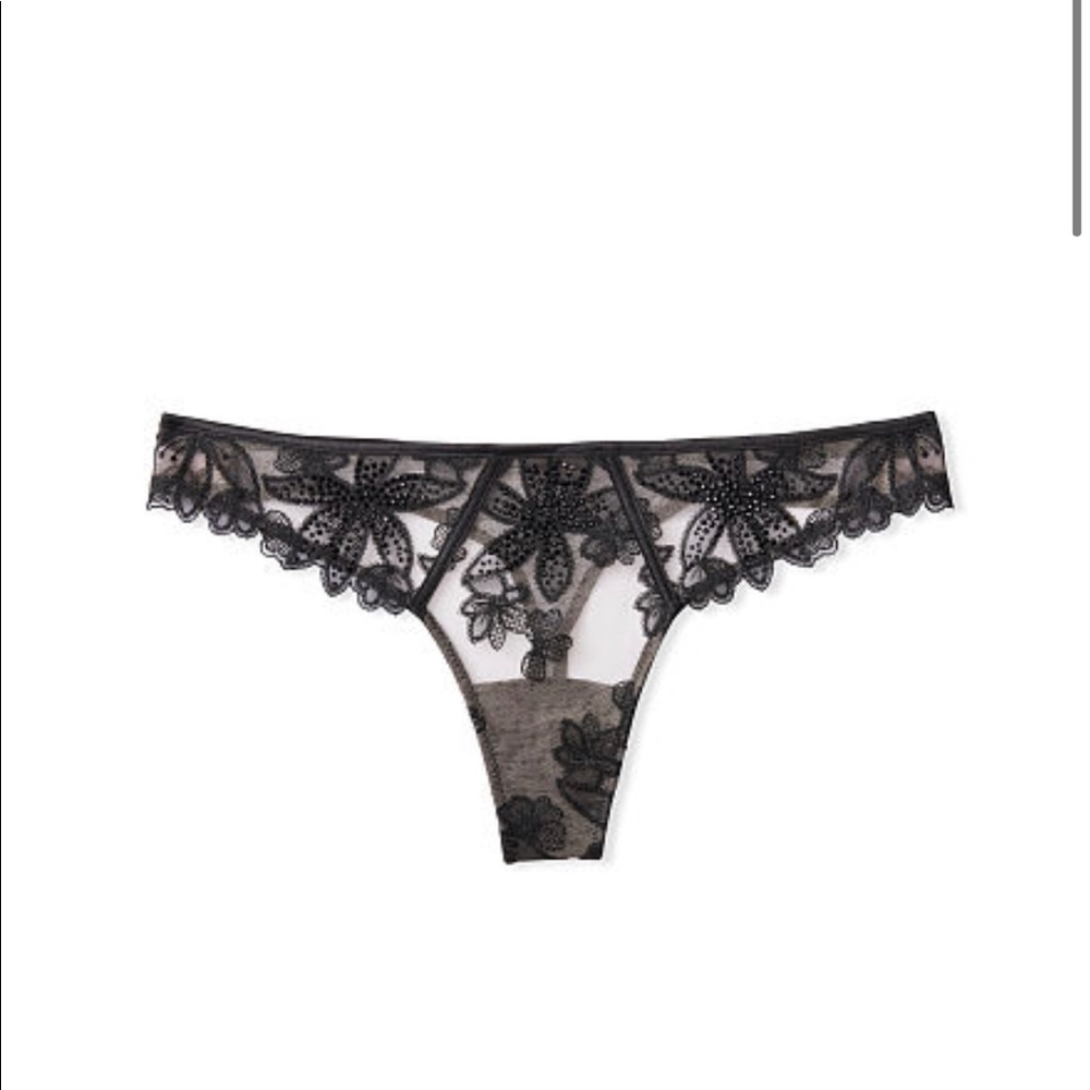 Embroidered Sheer Mesh & Crystal Thong Panty